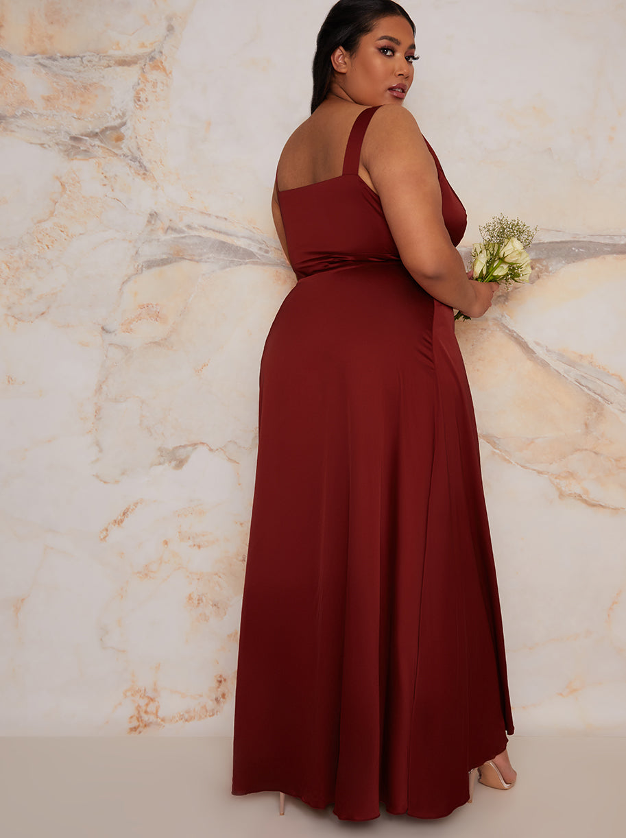 Plus Size Satin Wrap Maxi Dress in Red