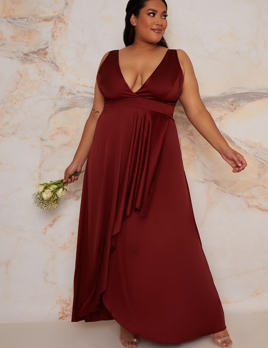 Plus Size Satin Wrap Maxi Dress in Red