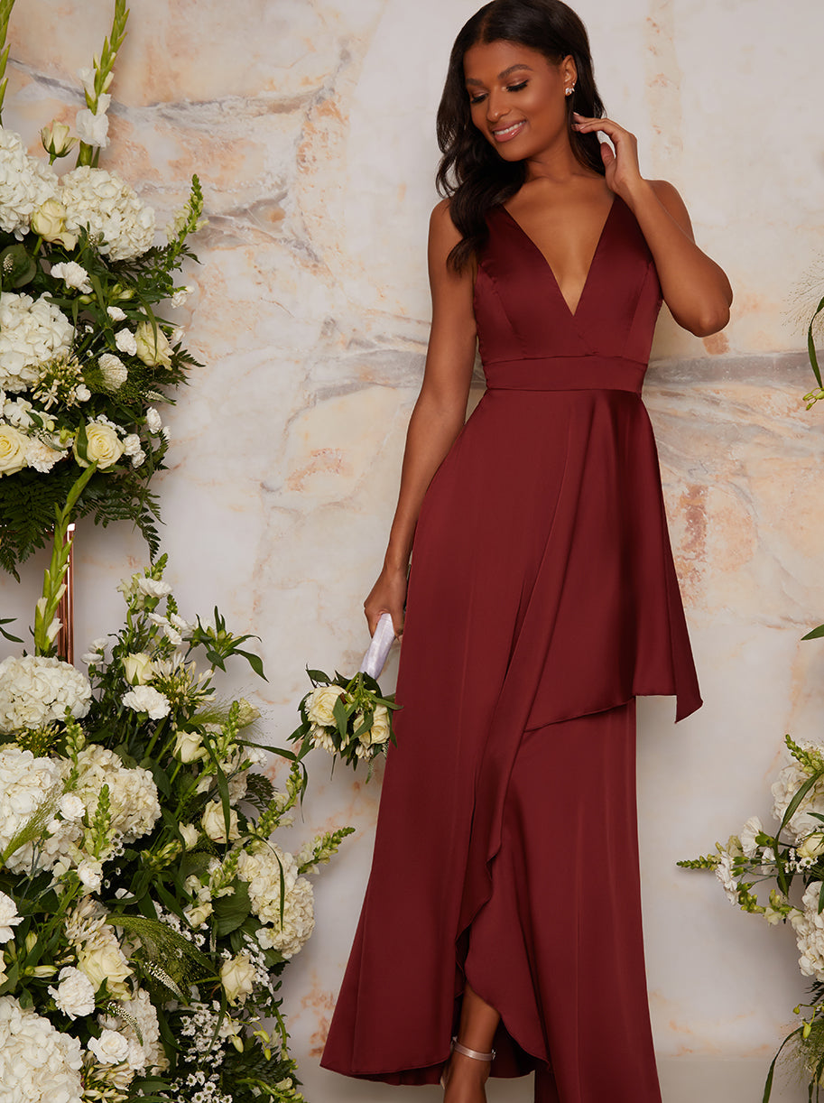 Satin Maxi Wrap Detail Dress in Red