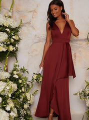 Satin Maxi Wrap Detail Dress in Red