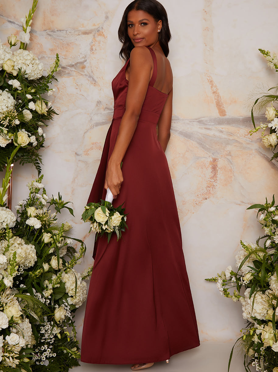 Satin Maxi Wrap Detail Dress in Red