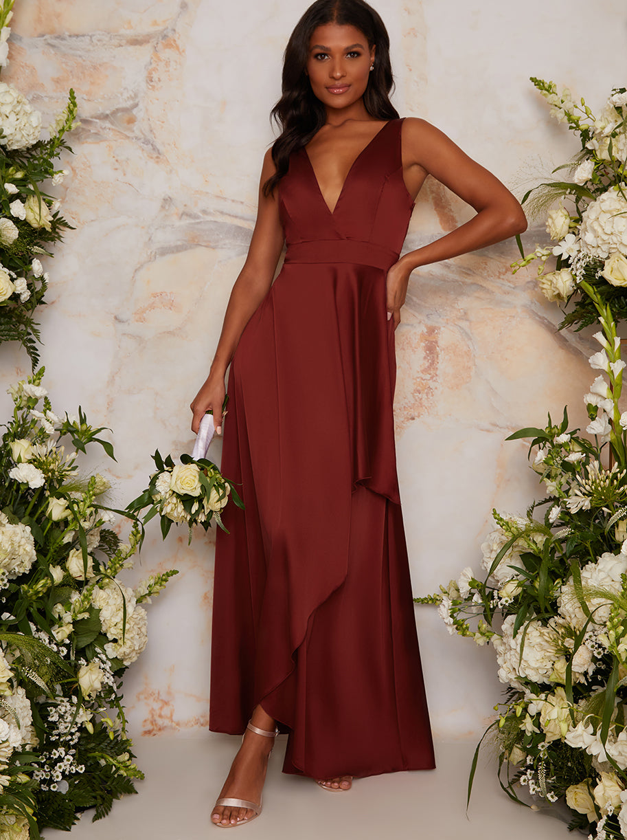 Satin Maxi Wrap Detail Dress in Red