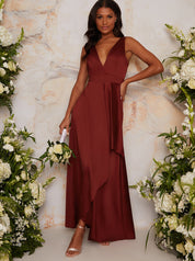 Satin Maxi Wrap Detail Dress in Red