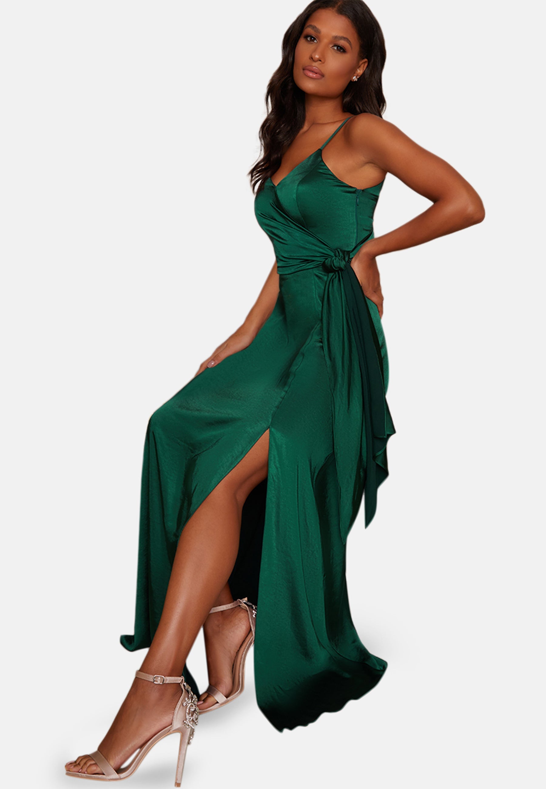 Chi Chi Satin Cami Strap Wrap Maxi Dress in Green, Size 8 Chi Chi Satin Cami Strap Wrap Maxi Dress in Green, Size 8