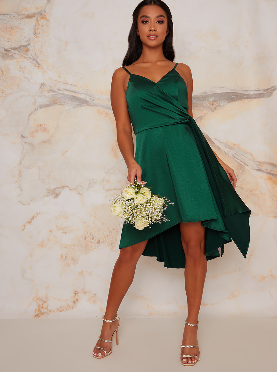 Petite Satin Cami Dip Hem Midi Dress in Green