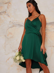 Petite Satin Cami Dip Hem Midi Dress in Green