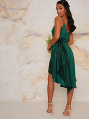 Petite Satin Cami Dip Hem Midi Dress in Green