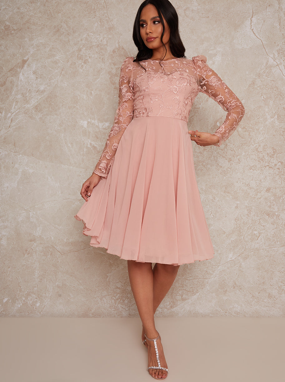 Sheer Long Sleeve Embroidered Skater Dress in Pink