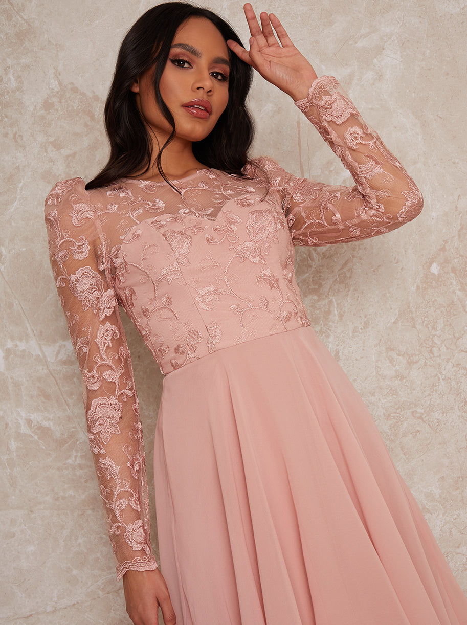 Sheer Long Sleeve Embroidered Skater Dress in Pink | Chi Chi London UK