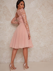 Sheer Long Sleeve Embroidered Skater Dress in Pink
