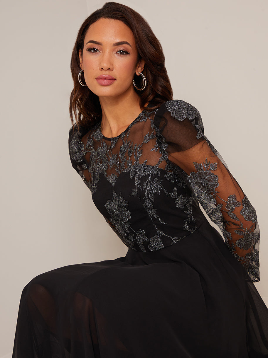 Long Sleeve Embroidered Midi Dress in Black | Chi Chi London UK Long Sleeve Embroidered Midi Dress in Black | Chi Chi London UK