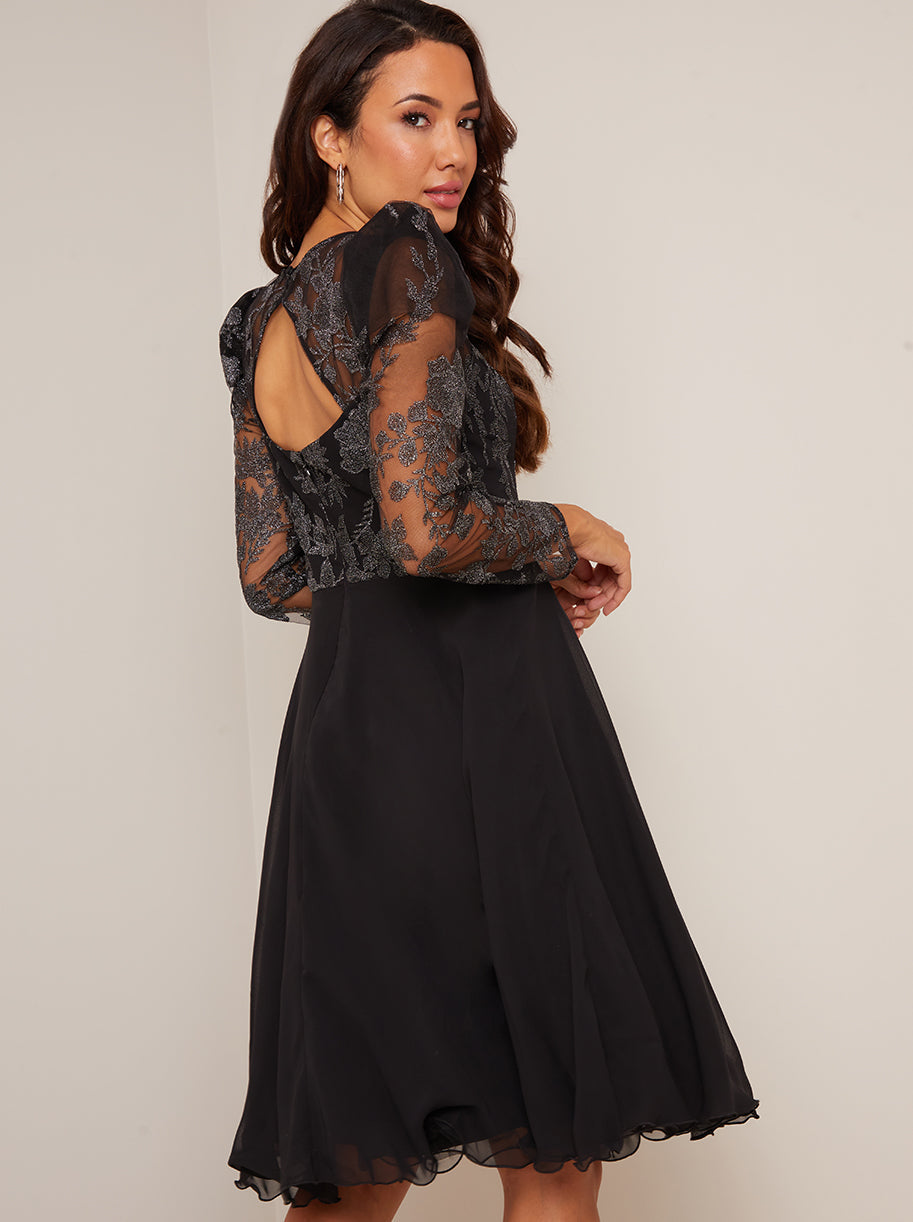 Long Sleeve Embroidered Midi Dress in Black