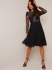 Long Sleeve Embroidered Midi Dress in Black