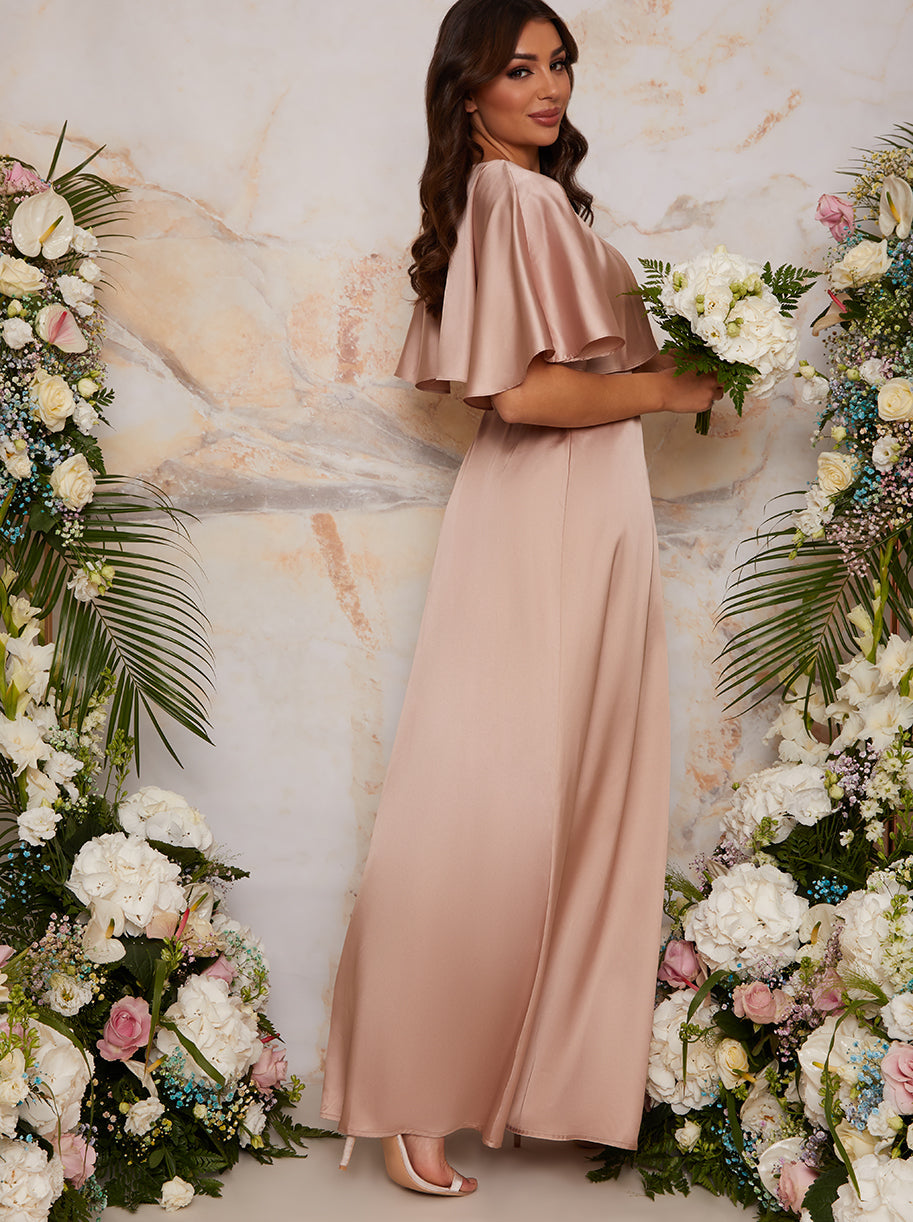 Angel Sleeve Wrap Design Bridesmaid Maxi Dress in Champagne