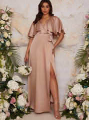 Angel Sleeve Wrap Design Bridesmaid Maxi Dress in Champagne