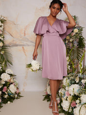 Angel Sleeve Wrap Design Midi Dress in Lilac