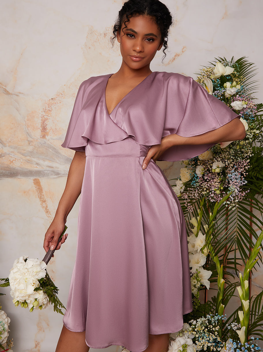 Angel Sleeve Wrap Design Midi Dress in Lilac