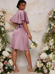 Angel Sleeve Wrap Design Midi Dress in Lilac