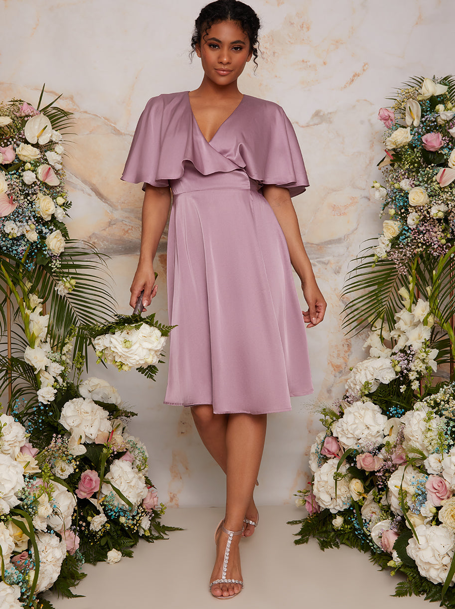 Angel Sleeve Wrap Design Midi Dress in Lilac