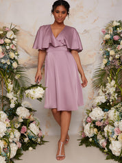 Angel Sleeve Wrap Design Midi Dress in Lilac