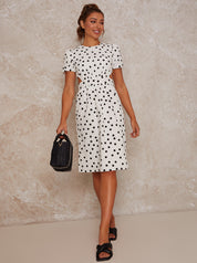 Polka Dot Open Back Puff Sleeve Midi Dress in White