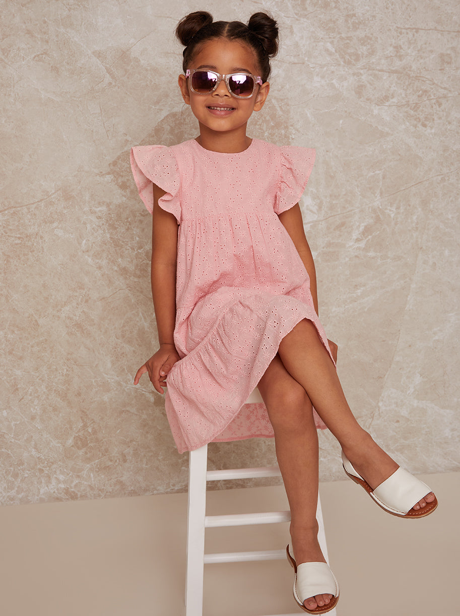 Girls Tiered Broderie Smock Dress in Pink