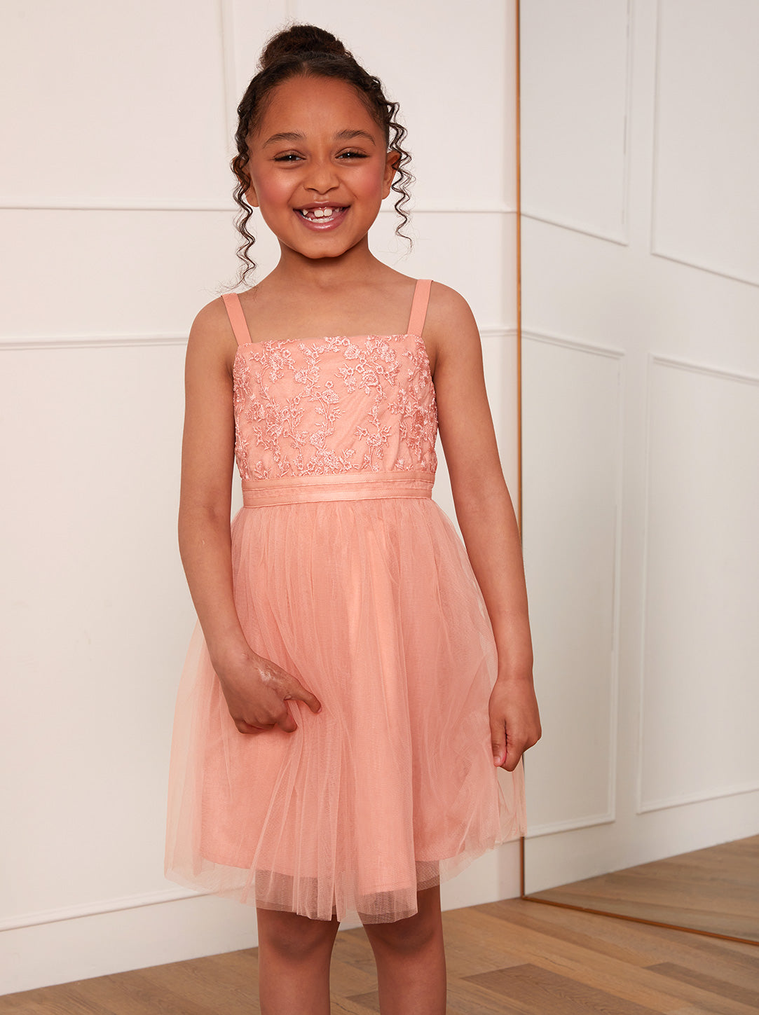 Younger Girls Embroidered Lace Tulle Midi Dress in Coral