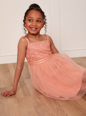 Younger Girls Embroidered Lace Tulle Midi Dress in Coral