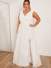 Plus Size V Neck Drape Maxi Wedding Dress in White