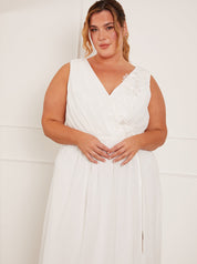 Plus Size V Neck Drape Maxi Wedding Dress in White