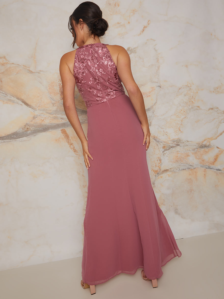 Halter Neck Embroidered Dip Hem Maxi Dress in Pink