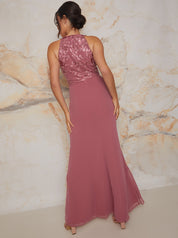 Halter Neck Embroidered Dip Hem Maxi Dress in Pink