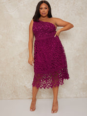 Plus Size One Shoulder Premium Lace Midi Dress in Purple