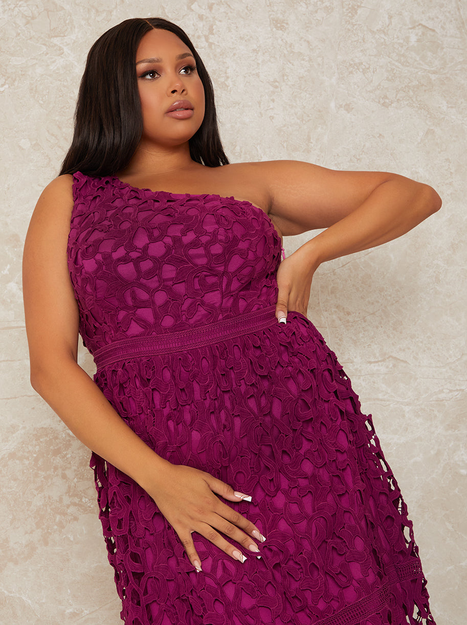Plus Size One Shoulder Premium Lace Midi Dress in Purple