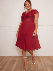 Plus Size V Neck Embroidered Midi Dress in Red