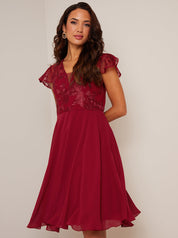 V Neck Embroidered Midi Dress in Red