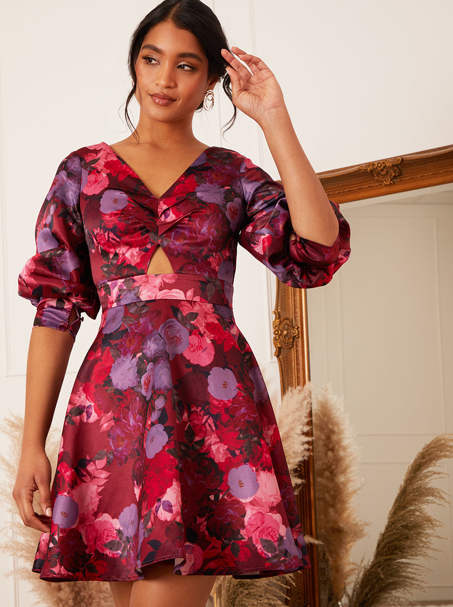 Puff Sleeve Twist Bodice Floral Mini Dress in Purple
