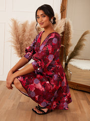 Puff Sleeve Twist Bodice Floral Mini Dress in Purple