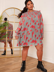 Plus Size Long Sleeve Floral Printed Mini Dress in Grey