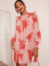 Long Sleeve Floral Printed Mini Dress in Pink