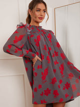 Long Sleeve Floral Printed Mini Dress in Grey