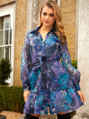 Long Sleeve Abstract Print Mini Dress in Blue