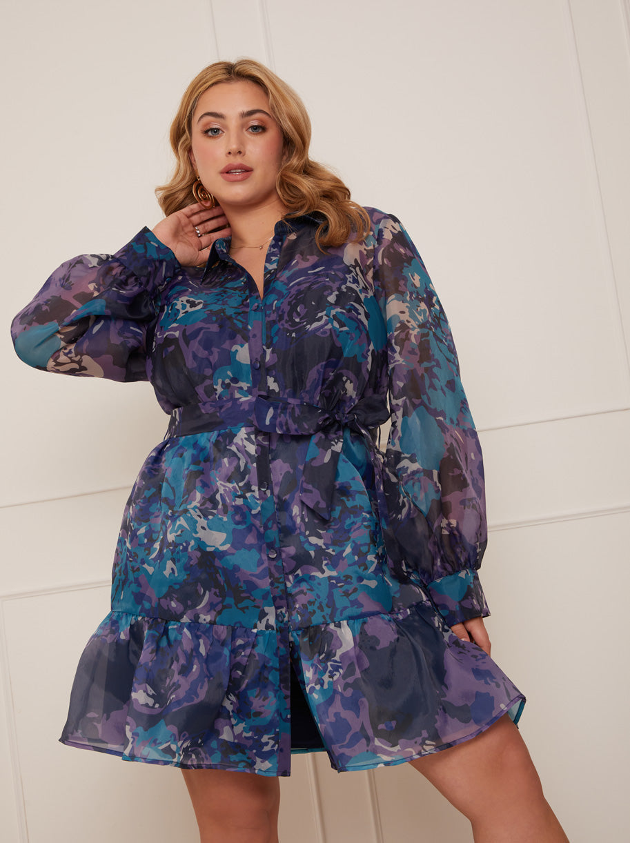 Plus Size Long Sleeve Abstract Print Mini Dress in Blue