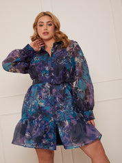 Plus Size Long Sleeve Abstract Print Mini Dress in Blue