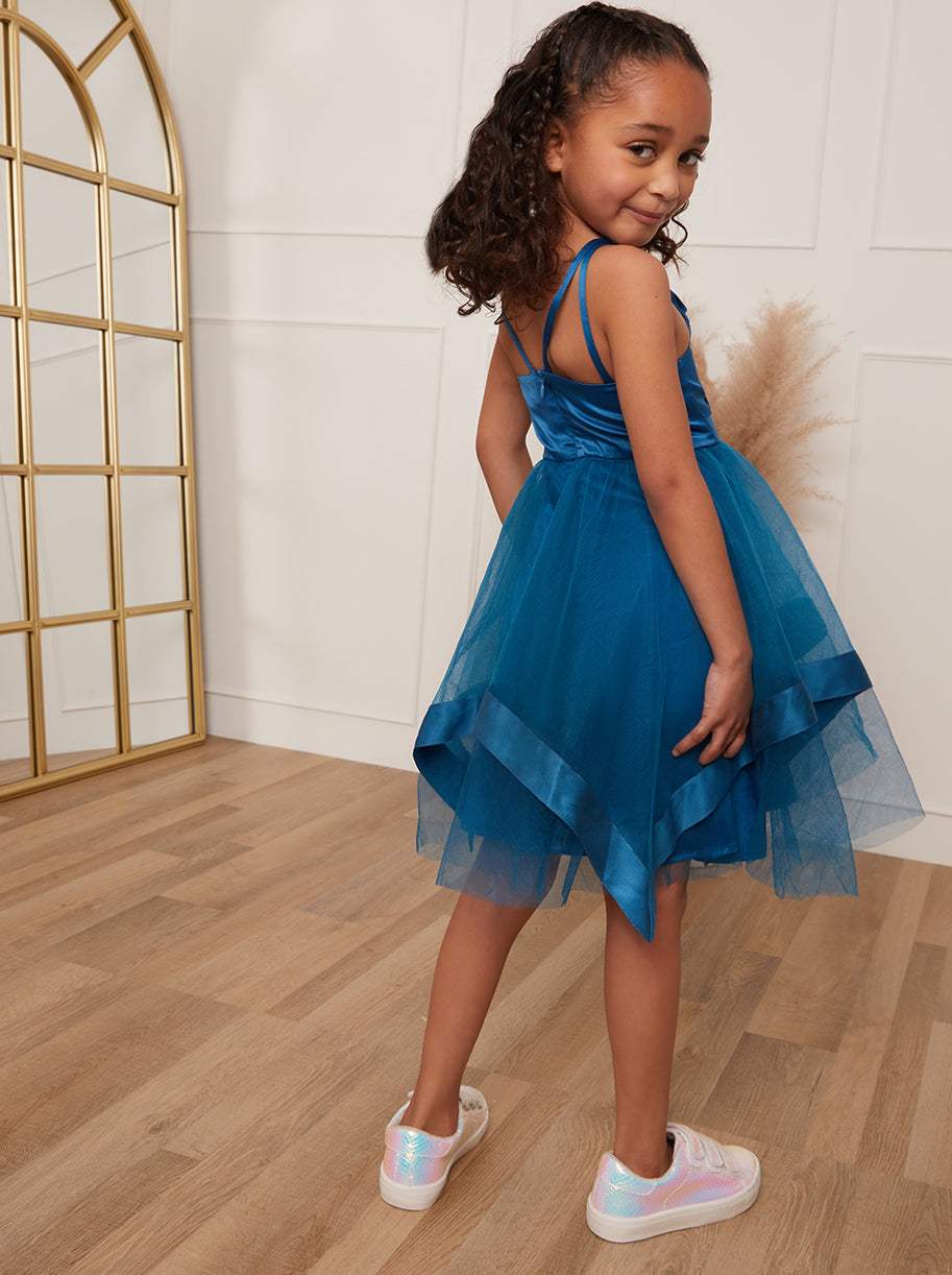 Younger Girls Embellished Tulle Layered Midi Dress in Teal