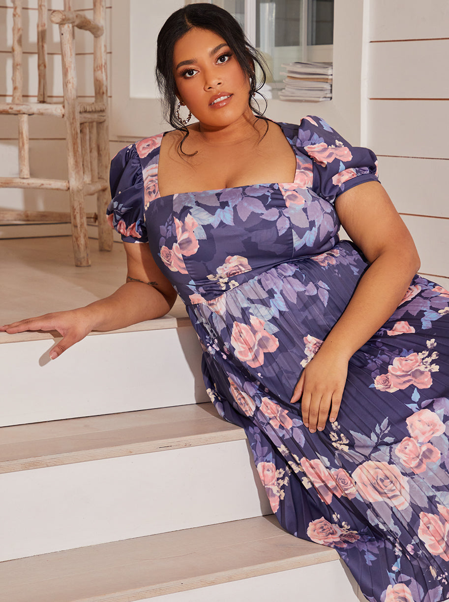 Plus Size Floral Print Pleated Midi Skater Dress in Navy