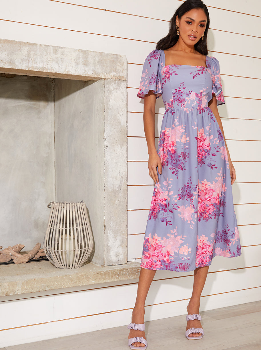 Floral Printed Midi Dress in Purple