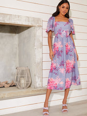 Floral Printed Midi Dress in Purple