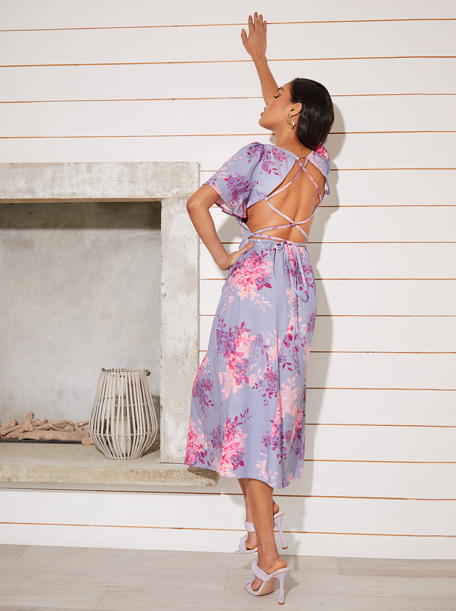 Floral Printed Midi Dress in Purple