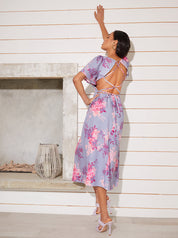 Floral Printed Midi Dress in Purple